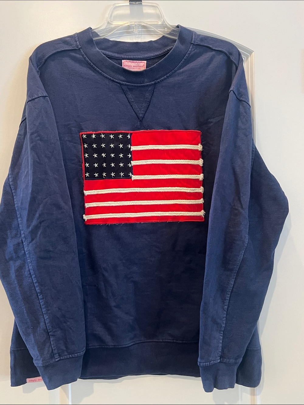 Simply Southern Navy Crewneck with Red & White Flag Patch